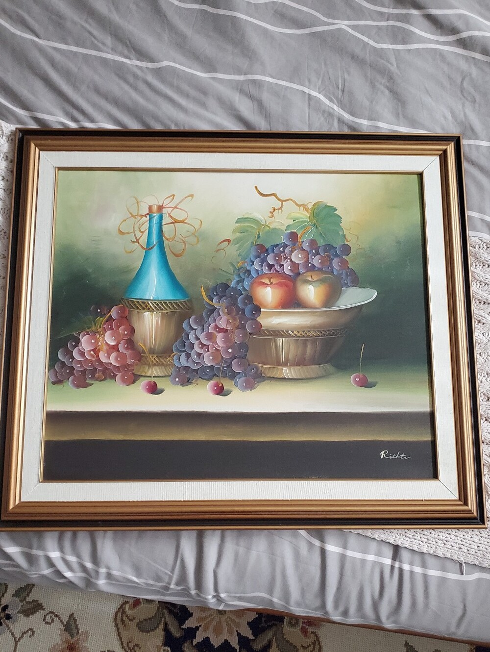 1980 Original Richter Still Life Fruit and Bottle Painting